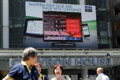 Các chỉ số của thị trường chứng khoán châu Á tại quận Raffles, Singapore. (Ảnh: AFP/TTXVN)