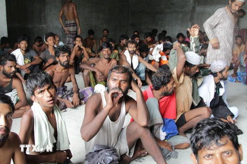Những người di cư Rohingya và Bangladesh sau khi được ngư dân Indonesia cứu sống tại Kuala Langsa, tỉnh Aceh. (Nguồn: AFP/TTXVN)