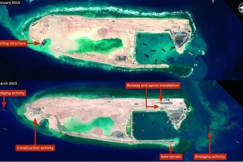 Hình ảnh vệ tinh cho thấy Trung Quốc đẩy mạnh xây dựng trái phép tại Đá Chữ Thập. (Nguồn: BI)
