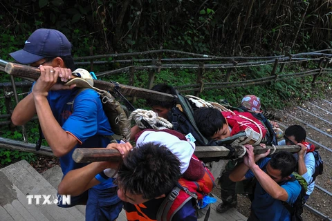 Nhân viên cứu hộ Malaysia chuyển một học sinh Singapore bị thương sau trận động đất. (Nguồn: AFP/TTXVN)