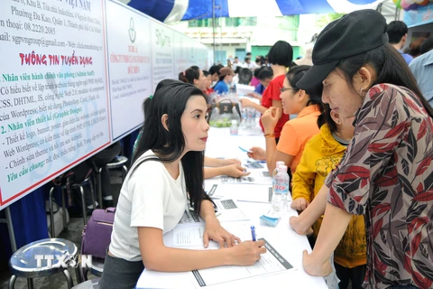 Hướng dẫn thủ tục đăng ký mẫu tìm việc cho người lao động tại một phiên giới thiệu việc làm ở Thành phố Hồ Chí Minh. (Ảnh: An Hiếu/TTXVN)