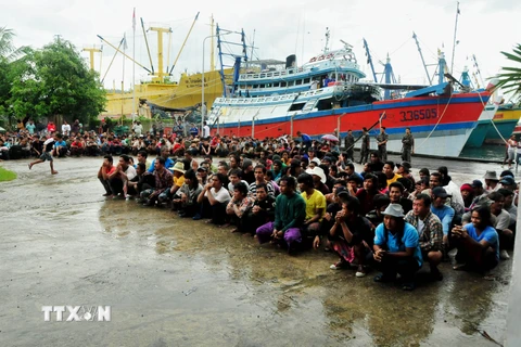 Những ngư dân bị ngược đãi được giải cứu trong cuộc đột kích của cảnh sát ở Benjina, Indonesia. (Nguồn: AFP/TTXVN)