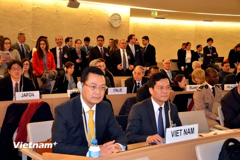 Đoàn Việt Nam tại Hội nghị cấp cao khóa 31 Hội đồng Nhân quyền Liên hợp quốc. (Ảnh: Tố Uyên/Vietnam+)