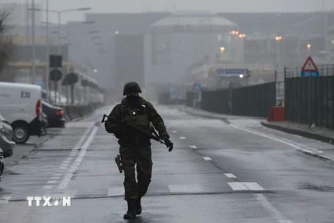 Lực lượng an ninh Bỉ gác bên ngoài sân bay Zaventem, một ngày sau vụ đánh bom kép, ngày 23/3. (Nguồn: AFP/TTXVN)
