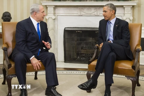 Tổng thống Mỹ Barack Obama (phải) trong cuộc hội đàm với Thủ tướng Israel Benjamin Netanyahu khi thăm Mỹ cuối năm 2015. (Nguồn: AFP/TTXVN)