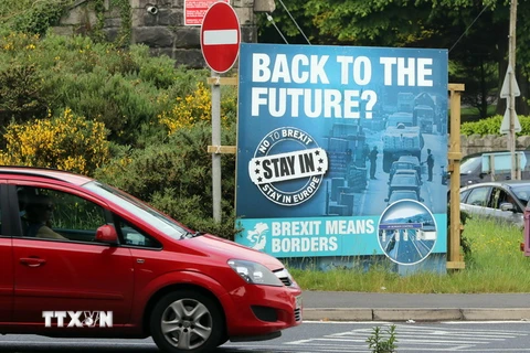 Logo kêu gọi cử tri bỏ phiếu ở lại EU tại khu vực ngoại ô Newry, Bắc Ireland. (Nguồn: AFP/TTXVN)