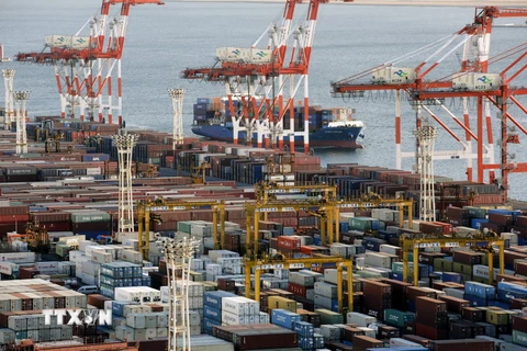 Bốc dỡ container hàng hóa tại cảng Tokyo, Nhật Bản. (Nguồn: EPA/TTXVN)