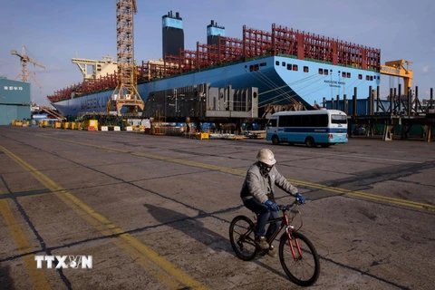 Tàu con​tainer đang được đóng tại xưởng đóng tàu của Daewoo tại Okpo, cách Busan 60km về phía nam. (Nguồn: AFP/TTXVN)