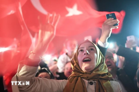 Những người ủng hộ đảng Công lý và Phát triển của Tổng thống Recep Tayyip Erdogan míttinh sau khi kết quả trưng cầu dân ý được công bố, tại Istanbul ngày 16/4. (Nguồn: AFP/TTXVN)