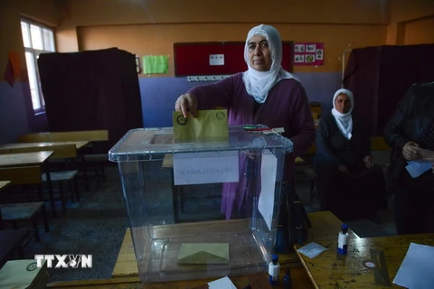 Người dân bỏ phiếu tại điểm bầu cử ở Diyarbakir ngày 16/4. (Nguồn: AFP/TTXVN)