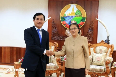 Chủ tịch Quốc hội Lào, bà Pany Yathotou tiếp Thứ trưởng Bộ Xây dựng Lê Quang Hùng. (Ảnh: Phạm Kiên/Vietnam+)