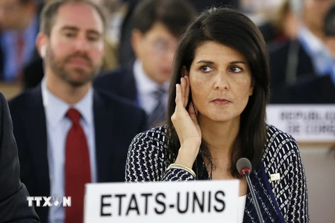 Đại sứ Mỹ tại Liên hợp quốc Nikki Haley tại phiên họp Hội đồng Nhân quyền Liên hợp quốc ở Geneva, Thụy Sĩ ngày 6/6. (Nguồn: EPA/TTXVN)