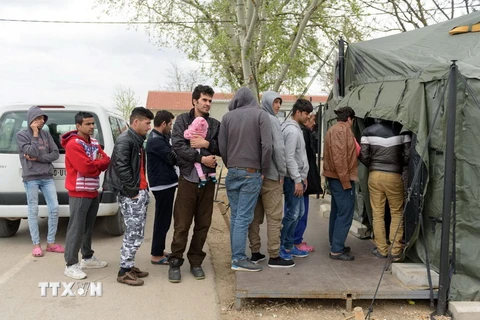 Người tị nạn xếp hàng nhận đồ ăn tại một trung tâm tiếp nhận người di cư ở Subotica, miền bắc Serbia ngày 8/4. (Nguồn: EPA/TTXVN)