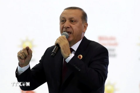 Tổng thống Thổ Nhĩ Kỳ Recep Tayyip Erdogan trong một sự kiện ở Ankara ngày 14/8. (Nguồn: AFP/TTXVN)
