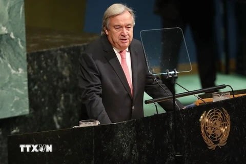 Tổng thư ký Antonio Guterres phát biểu tại lễ khai mạc kỳ họp cấp cao Đại hội đồng Liên hợp quốc khóa 72 tại New York ngày 19/9. (Nguồn: AFP/TTXVN)