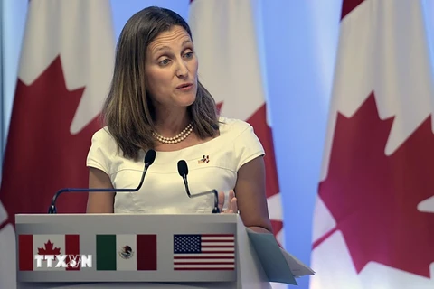 Ngoại trưởng Canada Chrystia Freeland tại cuộc họp báo sau vòng 2 đàm phán NAFTA tại Mexico City, Mexico ngày 5/9. (Nguồn: AFP/TTXVN)