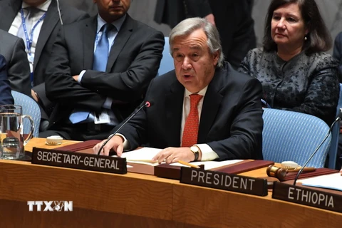 Tổng thư ký Antonio Guterres phát biểu tại một cuộc họp của Hội đồng Bảo an Liên hợp quốc tại New York, Mỹ ngày 28/9. (Nguồn: AFP/TTXVN)