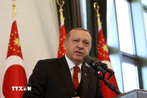 Tổng thống Thổ Nhĩ Kỳ Recep Tayyip Erdogan phát biểu tại Ankara. (Nguồn: THX/TTXVN)