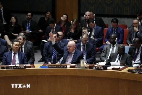 Đại sứ Nga tại Liên hợp quốc Vassily Nebenzia (giữa, phía trước) tại một phiên họp của Hội đồng Bảo an ở New York, Mỹ. (Nguồn: THX/TTXVN)