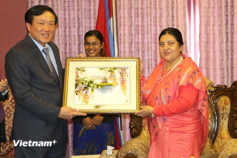 Chánh án Tòa án Nhân dân Tối cao Nguyễn Hòa Bình tặng quà cho Tổng thống Nepal (Ảnh: Huy Bình/Vietnam+)