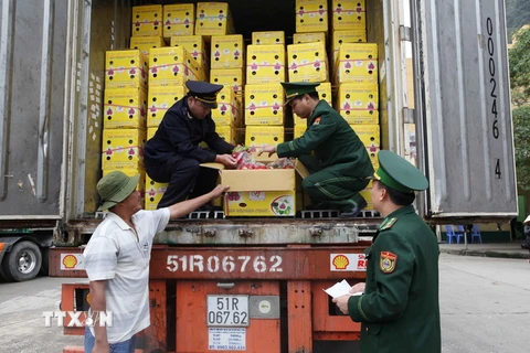 Lực lượng biên phòng phối hợp với hải quan kiểm tra hàng hóa lưu thông qua cửa khẩu Tân Thanh, Lạng Sơn. (Ảnh: Trần Việt/TTXVN)