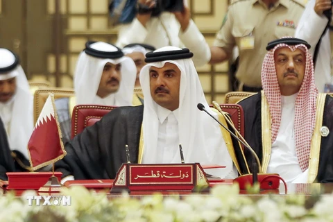 Quốc vương Qatar Tamim bin Hamad al-Thani (giữa) tại Hội nghị thượng đỉnh Hội đồng hợp tác Vùng Vịnh (GCC) ở Manama, Bahrain ngày 6/12/2016. (Nguồn: AFP/TTXVN)