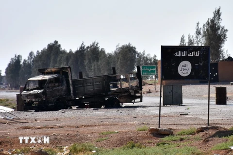 Cờ IS tại khu vực làng Dibsiafnan, ngoại ô Raqa, Syria ngày 11/6. AFP/TTXVN