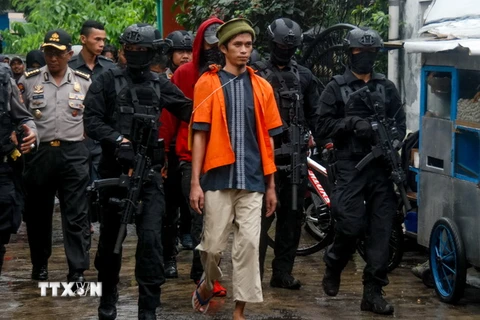 Cảnh sát Indonesia bắt giữ một phần tử tình nghi khủng bố tại Mekarsari, Tây Java ngày 26/10. (Nguồn: AFP/TTXVN)