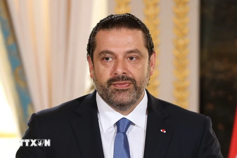 Thủ tướng Liban Saad Hariri phát biểu trong một cuộc họp báo tại Paris, Pháp ngày 1/9. (Nguồn AFP/TTXVN)