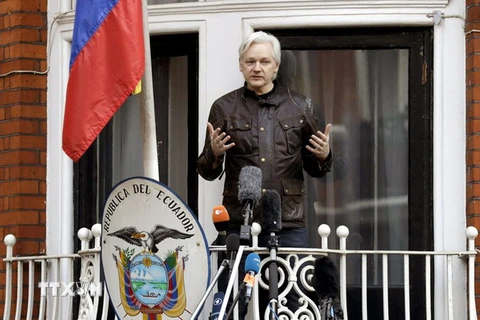 Nhà sáng lập trang mạng WikiLeaks Julian Assange tại Đại sứ quán Ecuador ở London (Anh) ngày 19/5/2017. (Nguồn: AP/TTXVN)