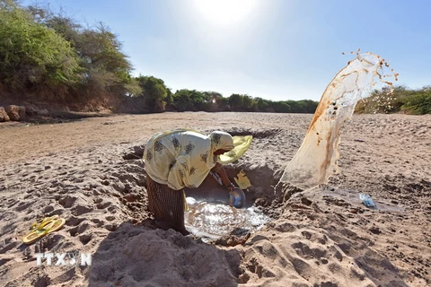 Người dân lấy nước từ lòng sông khô cạn do hạn hán tại Doolow, Somalia năm 2017. (Nguồn: THX/TTXVN)