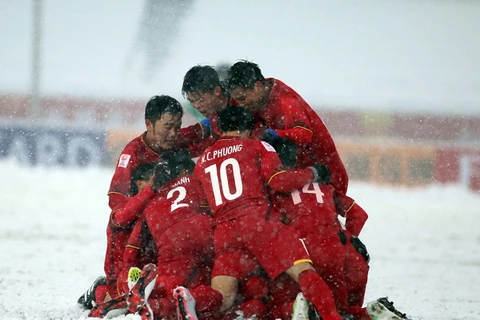 Các cầu thủ ăn mừng bàn thắng của Quang Hải trong trận chung kết U23 AFC 2018. (Ảnh: Nguồn Tuấn Hữu)
