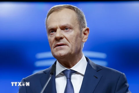 Chủ tịch Hội đồng châu Âu Donald Tusk phát biểu trong cuộc họp báo tại Brussels, Bỉ. (Nguồn: THX/TTXVN)