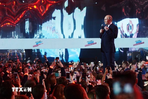 Tổng thống Nga Vladimir Putin phát biểu tại một diễn đàn ở Moskva ngày 15/3. (Nguồn: AFP/TTXVN)