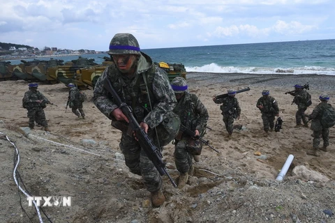 Hải quân Hàn Quốc trong cuộc tập trận đổ bộ chung với lính thủy đánh bộ Mỹ tại Pohang ngày năm 2017. (Nguồn: AFP/TTXVN)