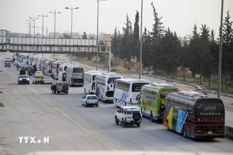  Xe buýt chở phiến quân và người thân rời khỏi thành phố Harasta, Đông Ghouta, Syria ngày 22/3. (Nguồn: THX/TTXVN)