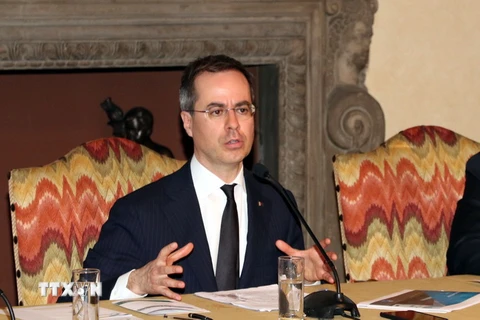Phó Chủ tịch Tập đoàn Piaggio, ông Matteo Colaninno phát biểu tại Hội thảo. (Ảnh: Ngự Bình/TTXVN)