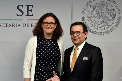 Ủy viên EU phụ trách thương mại Cecilia Malmstrom và Bộ trưởng Kinh tế Mexico Ildefonso Guajardo. (Nguồn: AFP)