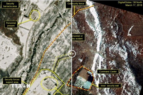 Hoạt động tại bãi thử hạt nhân Punggye-ri của Triều Tiên hồi giữa tháng Ba. (Nguồn: 38 North/ TTXVN)