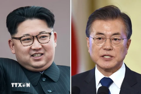 Tổng thống Hàn Quốc Moon Jae-in (phải) và nhà lãnh đạo Triều Tiên Kim Jong-un (trái). (Nguồn: AFP/TTXVN)