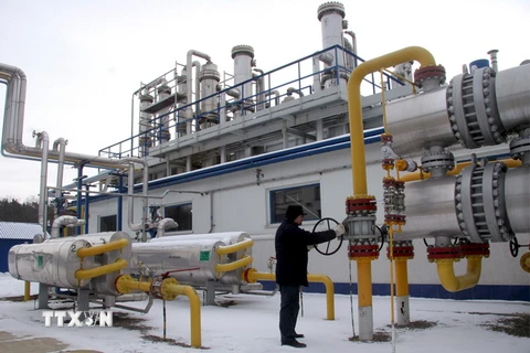Công nhân kiểm tra hệ thống van tại một cơ sở khai thác dầu và khí đốt của Công ty PGNiG ở Swidnik Duzy, Ba Lan. (Nguồn: EPA/TTXVN)