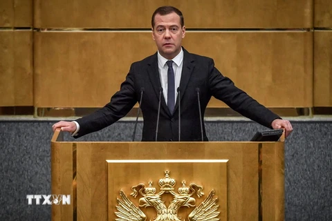 Ông Dmitry Medvedev phát biểu tại phiên họp Hạ viện Nga ở Moskva ngày 8/5. (Nguồn: AFP/TTXVN)
