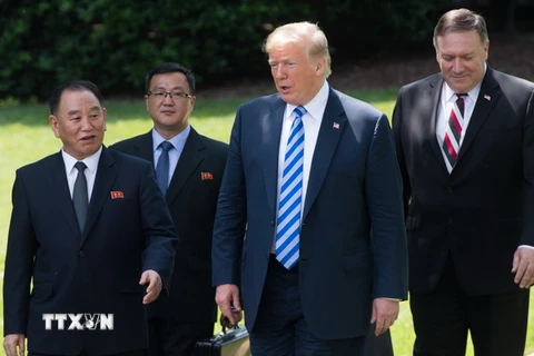 Tổng thống Mỹ Donald Trump (thứ 2, phải) trong cuộc gặp Phó Chủ tịch Ban chấp hành Trung ương đảng Lao động Triều Tiên Kim Yong-chol (trái) tại Nhà Trắng ngày 1/6. (Nguồn: AFP/TTXVN)