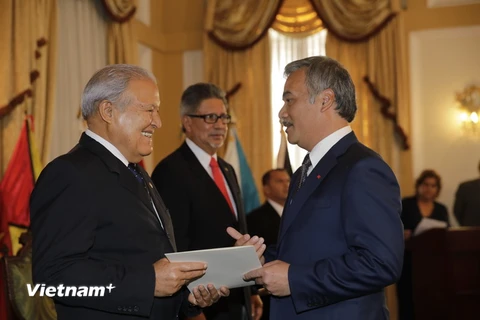 Đại sứ Nguyễn Hoài Dương (phải) trình thư ủy nhiệm của Chủ tịch nước lên Tổng thống El Salvador, Salvador Sanchez Ceren. (Ảnh: Việt Hùng/Vietnam+)