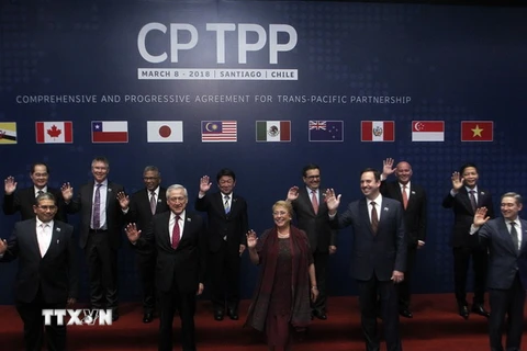 Đại diện các nước tại lễ ký thỏa thuận CPTPP ở Santiago, Chile. (Nguồn: AFP/TTXVN)