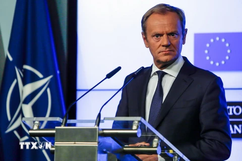 Chủ tịch Hội đồng châu Âu (EC) Donald Tusk phát biểu tại cuộc họp báo ở Brussels, Bỉ ngày 10/7. (Ảnh: AFP/TTXVN)