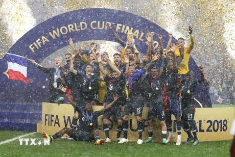 Các cầu thủ Pháp ăn mừng chức vô địch thế giới. (Ảnh: THX/TTXVN)