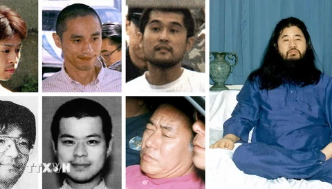 Bảy thành viên giáo phái AUM Shinrikyo, trong đó có thủ lĩnh thủ lĩnh Shoko Asahara (phải), bị hành hình ngày 6/7. (Ảnh: AFP/TTXVN)