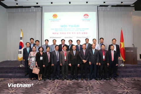 Đoàn đại biểu tỉnh Vĩnh Phúc chụp ảnh chung cùng đại diện các doanh nghiệp Hàn Quốc. (Ảnh: Mạnh Hùng/Vietnam+)