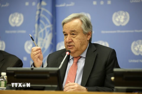 Tổng Thư ký Liên hợp quốc Antonio Guterres phát biểu tại một cuộc họp báo ở New York, Mỹ. (Ảnh: THX/TTXVN)